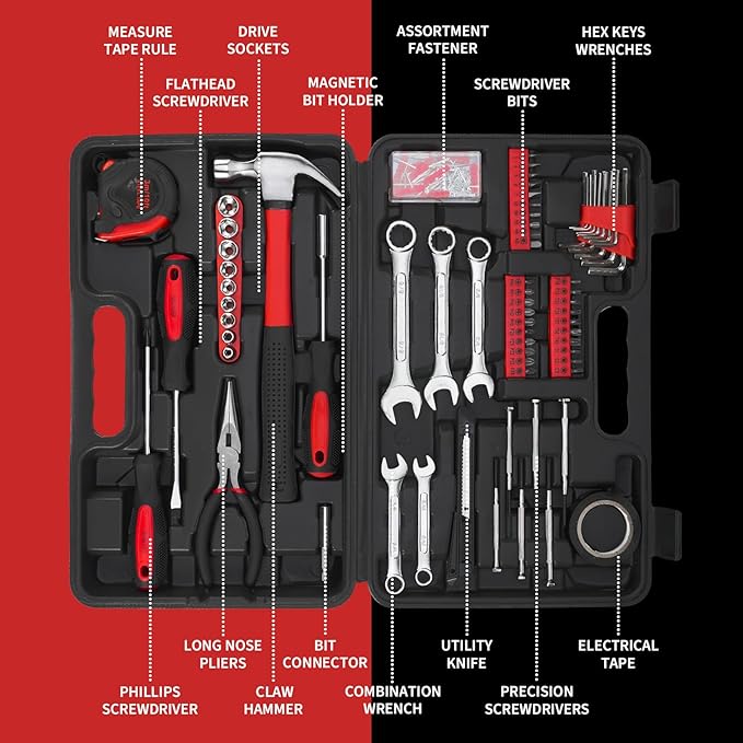 149-Piece General Hand Tool Kit - Essential Home Toolkits with Plastic Toolbox Storage Case for all Purpose, Complete Tool Set for Women, Men, College Students, Dorm, DIY Enthusiast (Red)