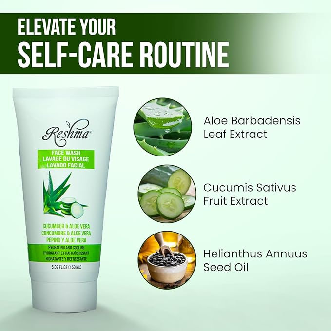 Reshma Beauty Cucumber & Aloe Vera Face Wash for All Skin Types, Gentle Cleanser for Nourishing and Hydrating Skin, Removes Make-Up, For Daily Use, Cruelty-Free, 5.07 fl oz, Pack of 1