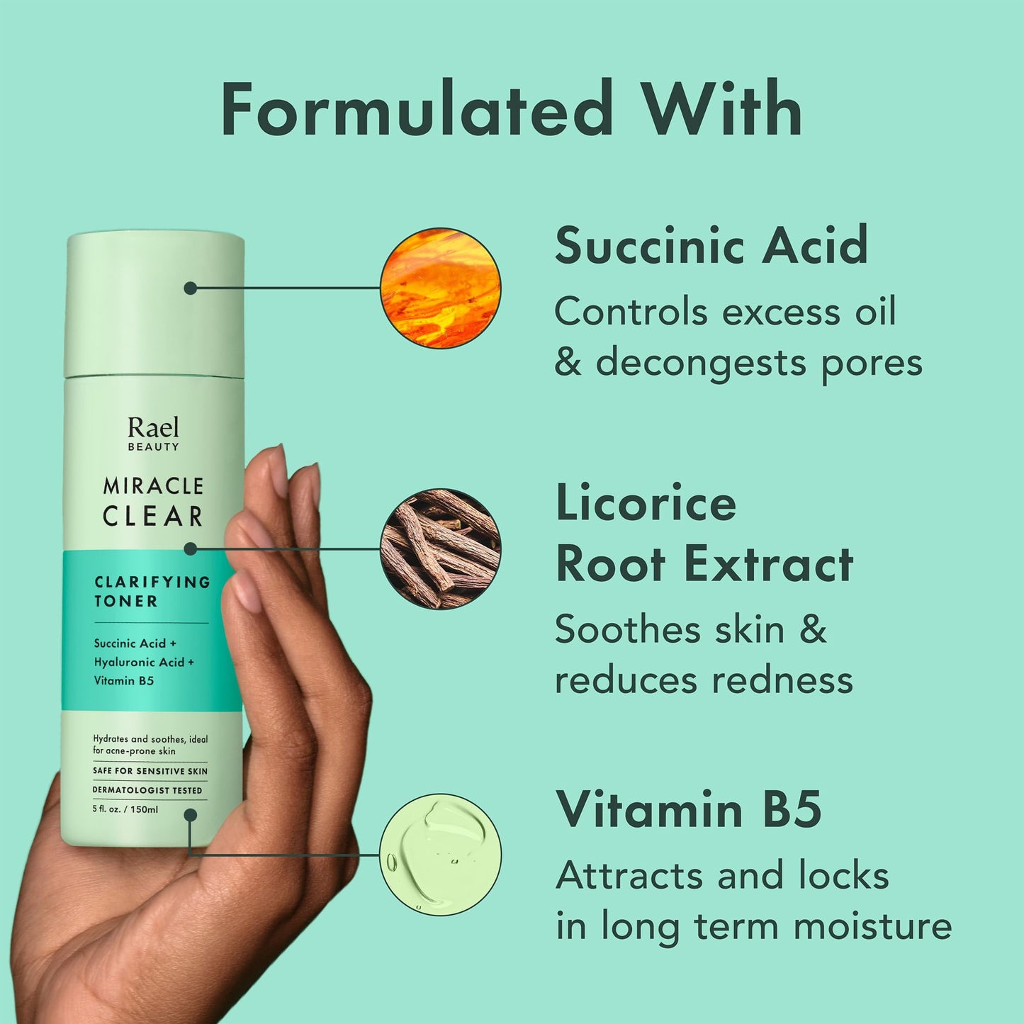 Rael Toner for Face, Miracle Clear - Reducing Pores and Oils with Succinic Acid, Hydrating Vitamin B5, Vegan, Korean Skin Care (5.1 fl oz)