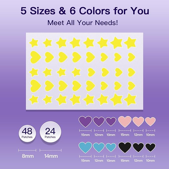 312CT Acne Patches For Face Hydrocolloid,Salicylic Acid,Star Pimple Patches 5Sizes 6Colors Cute Stickers