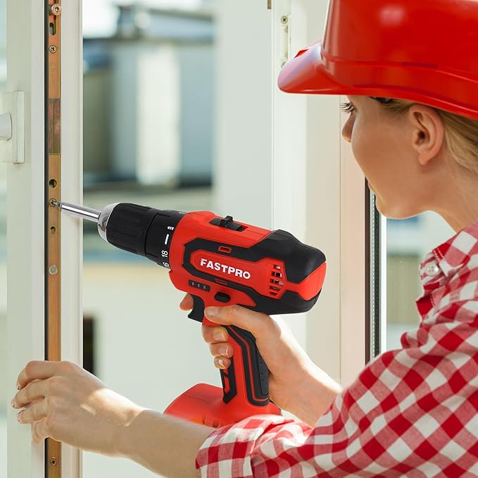 FASTPRO 232-Piece 20V Cordless Lithium-ion Drill Driver & Home Tool Set, Household Repairing Tools Kit with Drill, 12-Inch Wide Mouth Storage Bag, Red