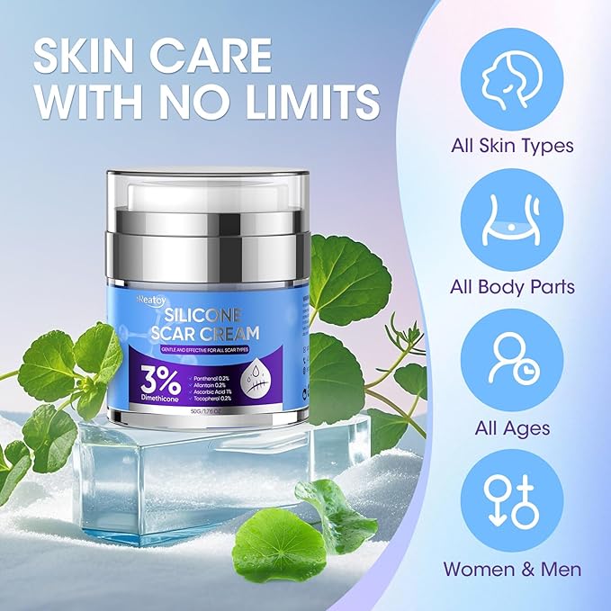 Silicone Scar Cream for Surgical Scars, 3% Dimethicone Complex Silicone Scar Gel for Old & New Scars, C-Section, Pregnancy, Acne, Injury, Keloids, Burns, Non-Irritating Scar Removal Cream(50ML)