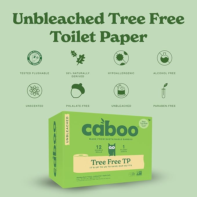 Caboo Tree Free Toilet Paper, Unbleached, Plastic Free Packaging, Septic Safe, Eco Friendly, Chemical Free, Non Toxic, 2 Ply Toilet Tissue, Pack of 12 Double Rolls, 300 Sheets Per Roll