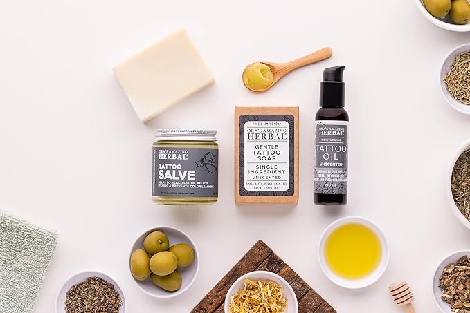 Ora's Amazing Herbal All The Tattoo Aftercare Set, Tattoo Salve, Oil & Soap, Natural Tattoo Aftercare Set, Balm, Moisturizer, Made in the USA