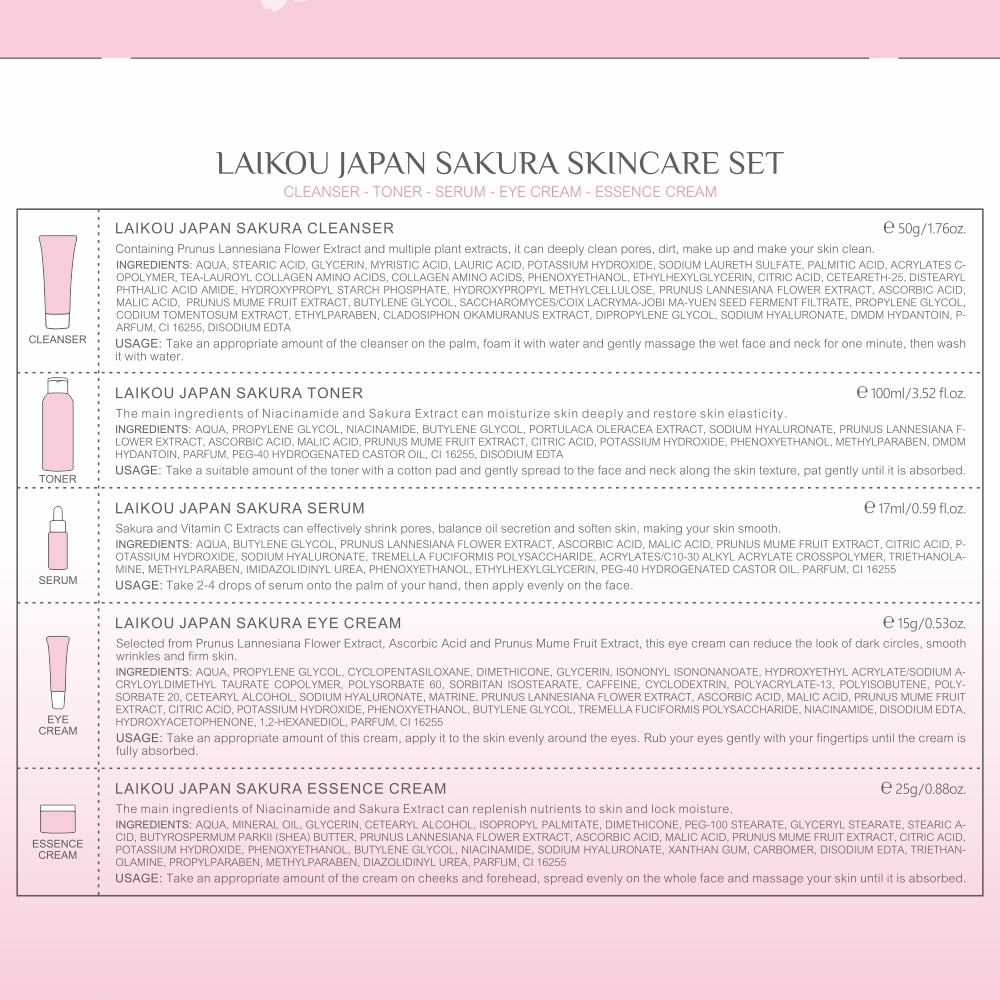 LAIKOU Skin Care Set JAPAN SAKURA Women Beauty Gift Sets Skin Care Kit with Cleanser, Toner, Serum, Eye Cream, Face Cream Travel Kit for Women Teen Girls Mom Daughter Birthday TSA-friendly Sizes 5pcs