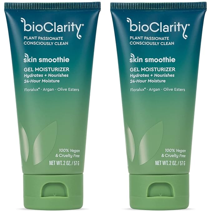 BioClarity Skin Smoothie Gel Moisturizer, 24-Hour Hydration for Normal & Oily Skin, Vegan Formula with Olive, Argan, Ceramide, 2 Fl Oz, Pack of 2