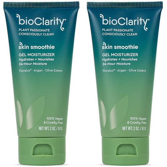BioClarity Skin Smoothie Gel Moisturizer, 24-Hour Hydration for Normal & Oily Skin, Vegan Formula with Olive, Argan, Ceramide, 2 Fl Oz, Pack of 2