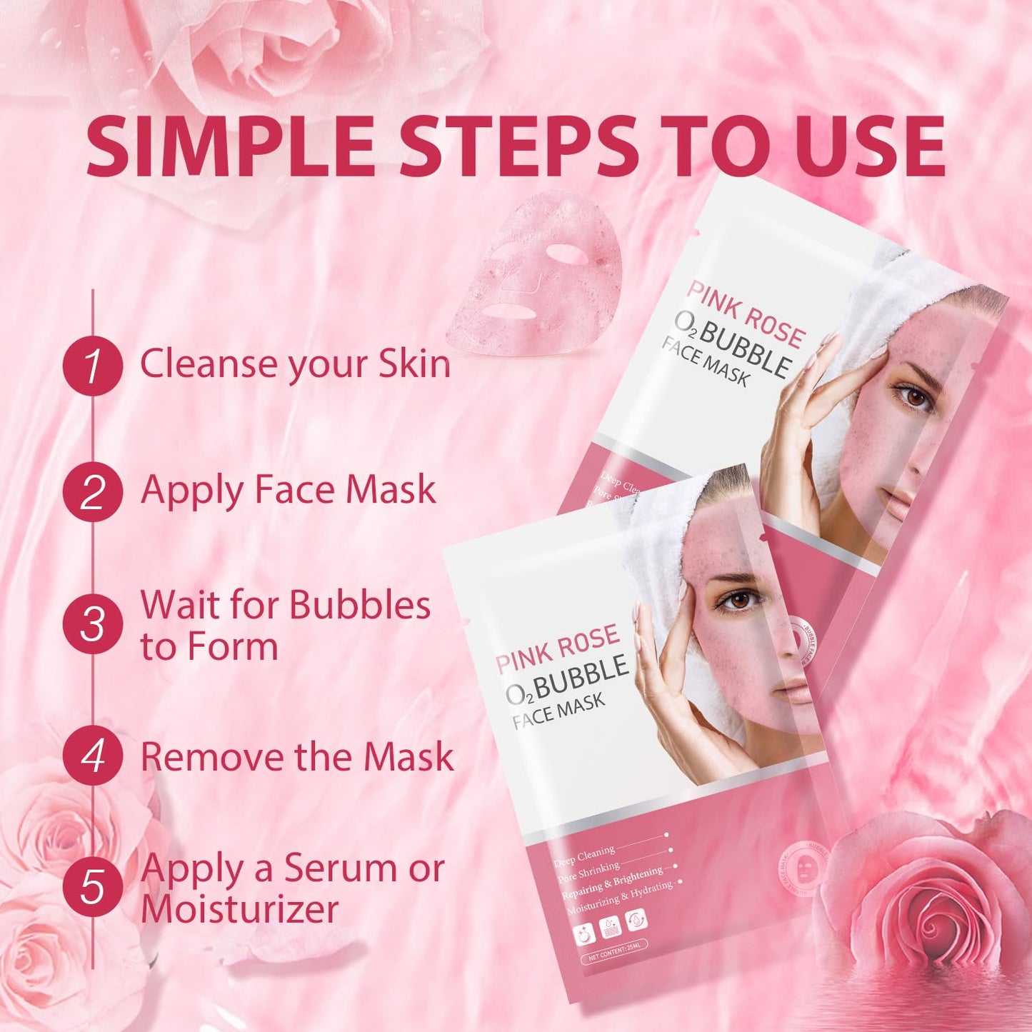 Pack of 10 Pink Rose O2 Bubble Face Masks Skincare, Spa Presents for Women, Bubble Face Sheet Mask Cleaner Foaming Purifying Facial Mask for Acne and Pores Moisturizing Beauty Sheet Masks