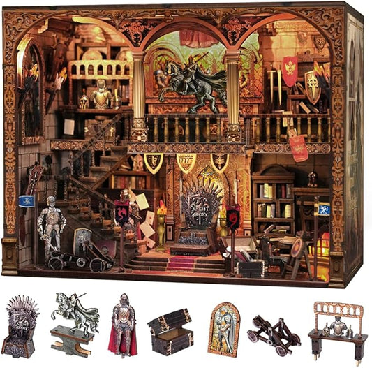 Book Nook Kit - DIY Medieval Castle Booknook for Adults & Teens, 3D Wooden Puzzle Bookshelf Insert with LED Lights, Unique Creative Craft Gift for Home Decor & Model Building