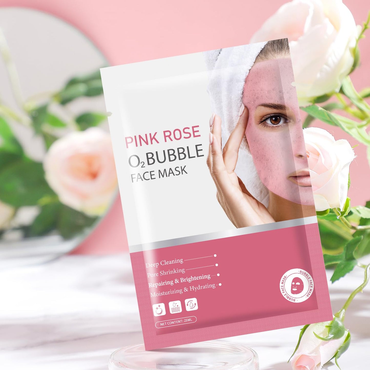 Pack of 10 Pink Rose O2 Bubble Face Masks Skincare, Spa Presents for Women, Bubble Face Sheet Mask Cleaner Foaming Purifying Facial Mask for Acne and Pores Moisturizing Beauty Sheet Masks