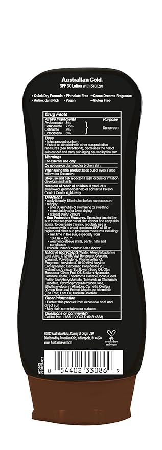 Australian Gold Sunscreen Lotion with Instant Bronzer, Broad Spectrum, Water Resistant, Non-Greasy, Oxybenzone Free, Cruelty Free, SPF 30, Coconut, 8 Fl Oz (A70902)