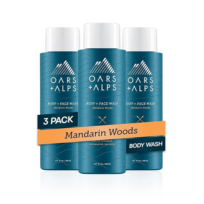 Oars + Alps Mens Moisturizing Body and Face Wash, Skin Care Infused with Vitamin E and Antioxidants, Sulfate Free, Mandarin Woods, 13.5oz, 3 Pack