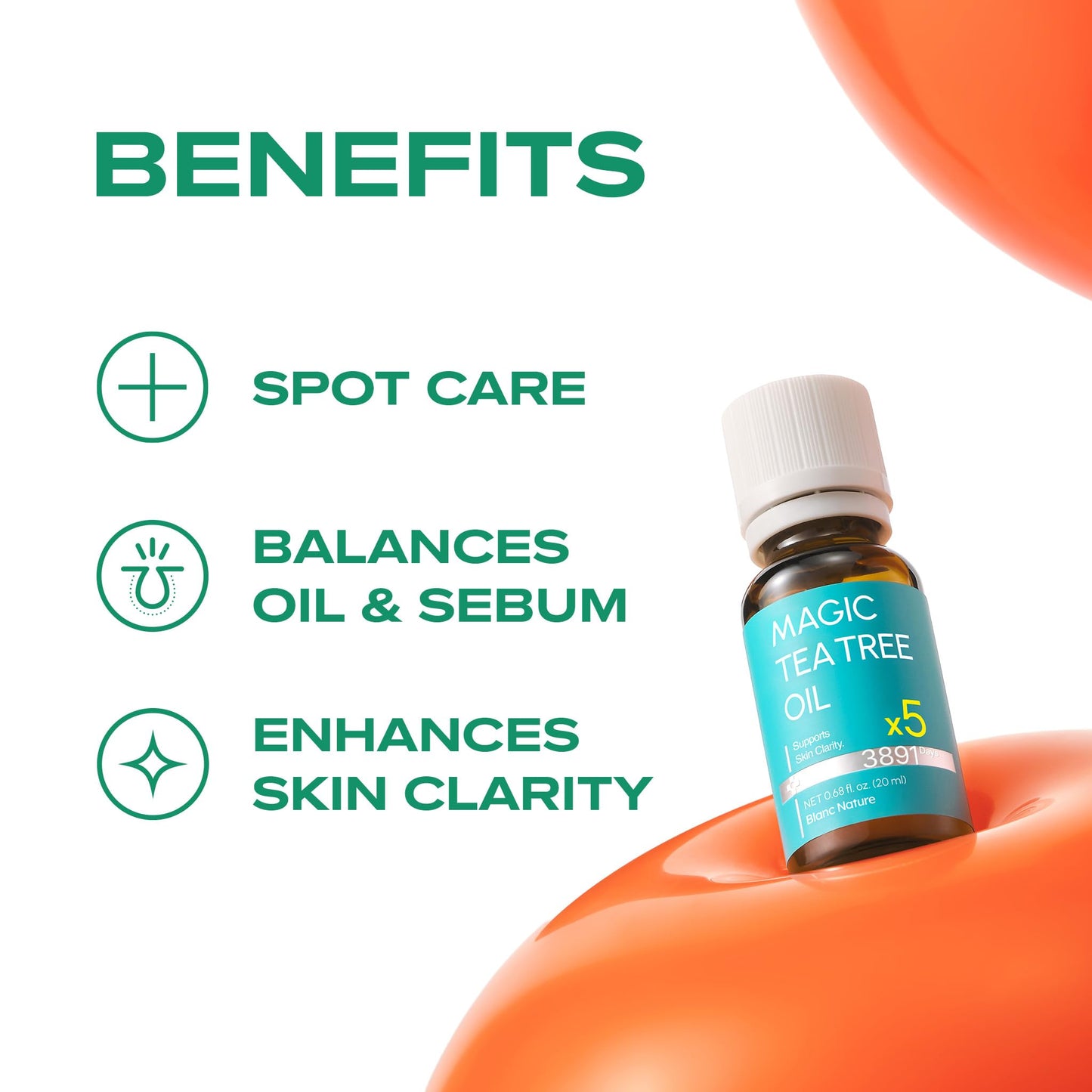 BLANC NATURE – Magic Tea Tree Oil for Face, Clarifying Facial Oil for Oily & Sensitive Skin, Lightweight Daily Care with Tea Tree, Skin-Balancing Vegan Korean Skincare, 0.7 fl oz