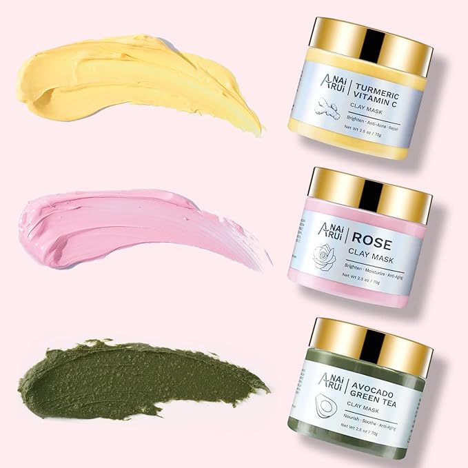 ANAI RUI Turmeric Vitamin C Clay Mask -Rose Facial Mask -Avocado Green Tea Mud Mask,Facial Mask Skincare for Deep Cleansing,Purify Pores, SPA Mask Set, Facial Mask Set Gifts Set 2.5 oz each