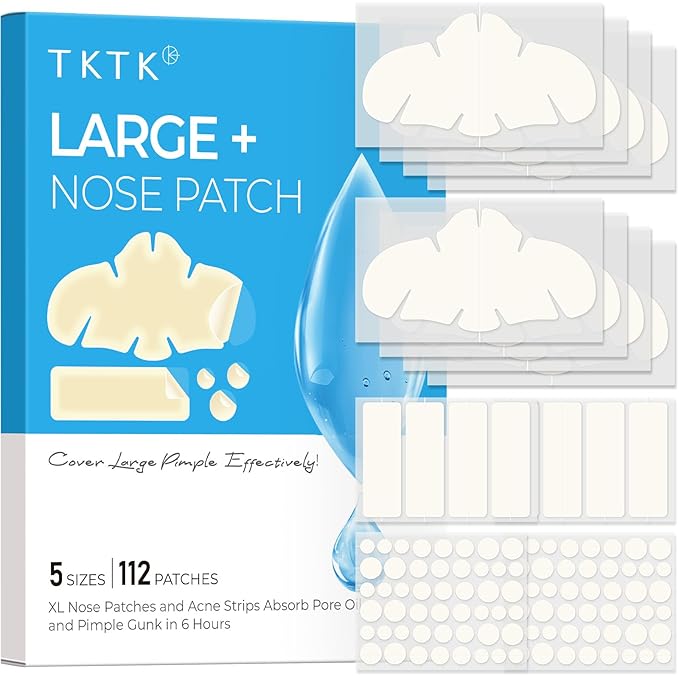 TKTK Hydrocolloid Nose Patches, XL Nose Pore Strips 91 x 48 mm, Large Hydrocolloid Acne Pimple Patches for Face, Cover Zit Blemishes & Absorb Oil (Nose Contoured, Strip, Dots 5 Sizes 112 Count)