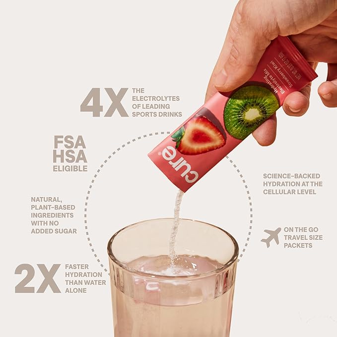 Cure Hydration | Plant-Based Electrolyte Drink Mix | No Added Sugar | FSA-HSA | Dehydration Relief Powder Made with Coconut Water | Non-GMO | Vegan | Pouch of 14 Packets - Blood Orange