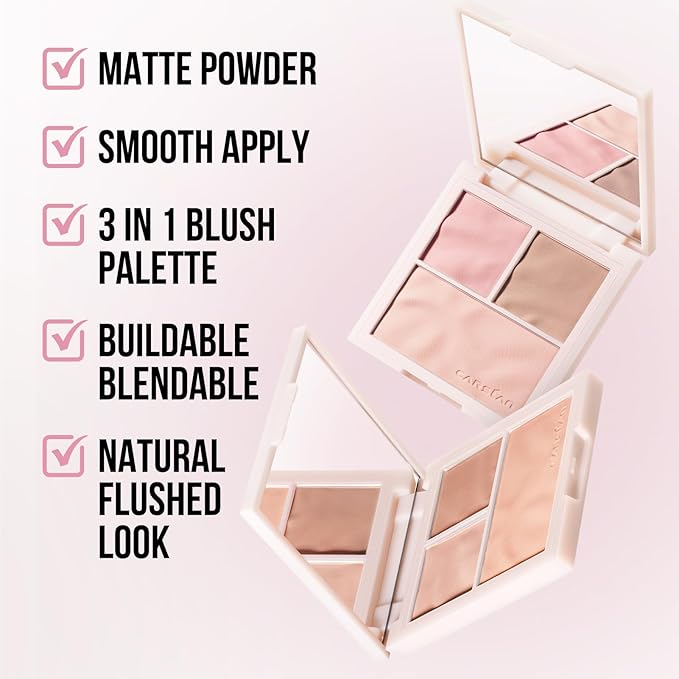 3 Colors Blush Palette For Cheek Makeup, Matte Wonderland Pink, 0.37Oz