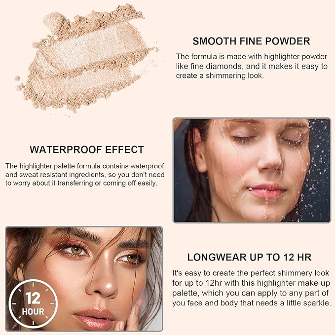 Face Highlighter Palette with Mirror, 8 Colors Glitter