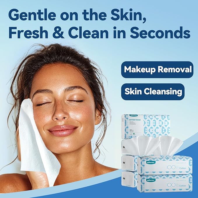 Winner Softer Face Towels - 100% USA Cotton Dry Wipes, 300 Count Unscented Cotton Tissues for Sensitive Skin, OEKO-TEX Certified Face Towelettes Disposable, Makeup Remover Facial Towels, 3 Pack