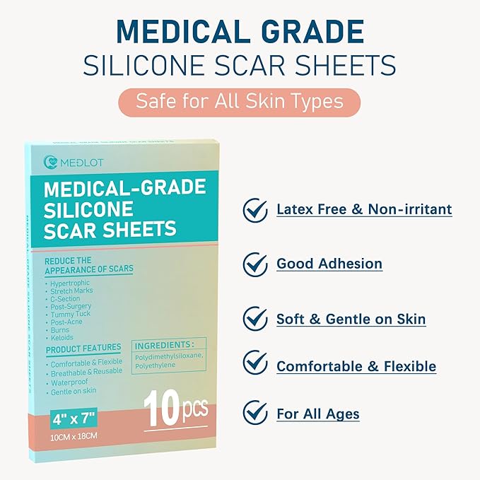 Silicone Scar Sheets, Large 10Pcs 4” x 7” Each, Medical Silicone Tape for Scar Treatment, Scar Patches for C-Section, Keloid Bump, Stretch Marks, Burn, Acne, Surgical Scar Removal