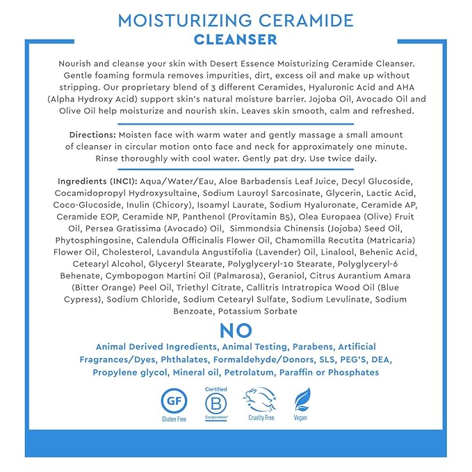 Desert Essence Moisturizing Ceramide Facial Cleanser 7.1 fl oz - Vegan, Gluten-Free. Cruelty-Free - Supports Skin's Natural Moisture Barrier - Moisturize and Nourish