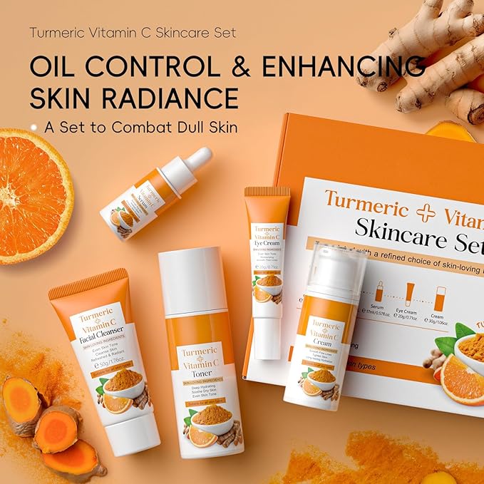Skin Care Set, Turmeric Skincare Set for Acne Treament, Facial Turmeric Skin Care Sets & Kits for Teenage Girls with Turmeric Cleanser,Serum,Cream,Toner,Eye Cream, Facial Beauty Skincare Gifts