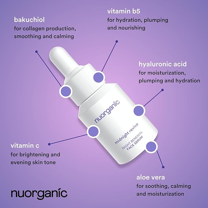 nuorganic Bakuchiol Serum With Plant Stem Cells, Peptides & Vitamin C - Anti Aging, Soothing, Hydrating - 1fl Oz 30ml