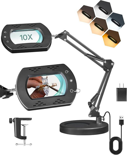 10X Round Magnifying Glass with Light and Stand, 2-in-1 LED Lighted Desk Lamp & Clamp, 5 Color Modes Stepless Dimmable, Hands-Free Magnifier Desk Lamp for Reading Craft Close Work B02DL05