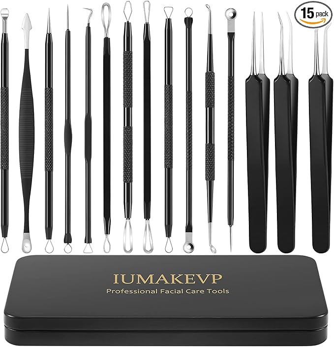 Pimple Popper Tool Kit, IUMAKEVP 15 PCS Professional Stainless Steel Blackhead Remover Comedone Extractor Tools for Removing Pimples, Blackheads, Zit on Face - Acne Removal Kit with Metal Case (Black)