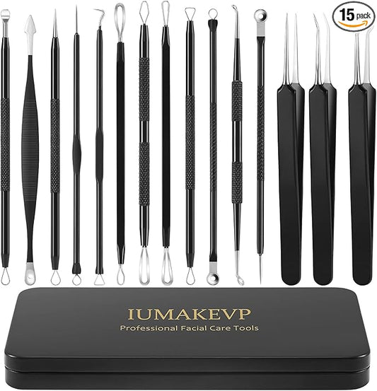 Pimple Popper Tool Kit, IUMAKEVP 15 PCS Professional Stainless Steel Blackhead Remover Comedone Extractor Tools for Removing Pimples, Blackheads, Zit on Face - Acne Removal Kit with Metal Case (Black)