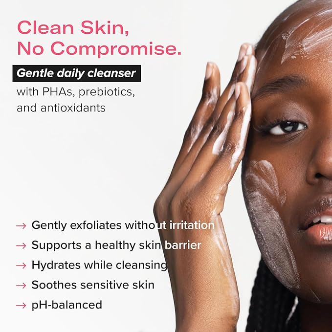 RESET Gentle Daily Cleanser with PHAs, Prebiotics, Glycerin, Cucumber, Green Tea, Rose, Hydrating Exfoliating Face Wash for Sensitive Skin, Non-Stripping, Vegan, 5.07 fl oz