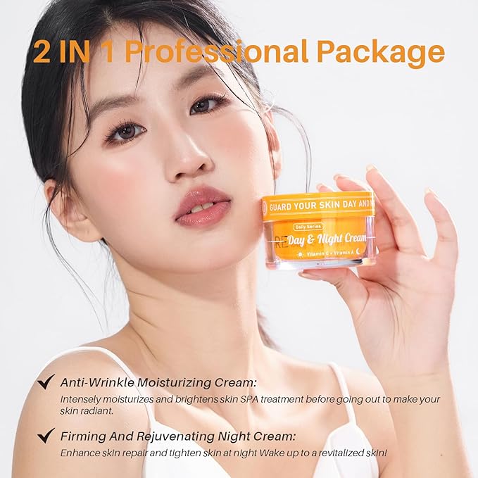 Day & Night Cream Combo, Anti-Wrinkle Hydrating Face Cream with Vitamin C + Firming Renewal Night Cream with Vitamin A, Universal 2-in-1 Formula for All Skin Types, 3.4 Oz