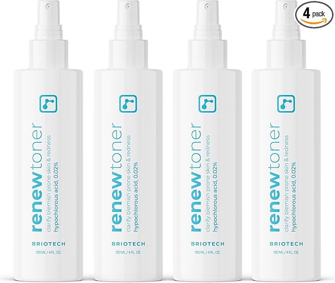 BRIOTECH Renew Toner, Hypochlorous Acid Spray, Minimize Appearance of Blemishes, Soothing Facial Mist for Sensitive Skin, Calm Redness & Bumps, Hypoallergenic & Vegan, 4 fl oz (4 Pack)