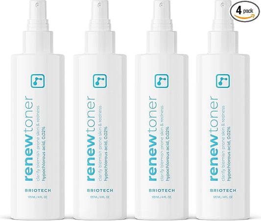 BRIOTECH Renew Toner, Hypochlorous Acid Spray, Minimize Appearance of Blemishes, Soothing Facial Mist for Sensitive Skin, Calm Redness & Bumps, Hypoallergenic & Vegan, 4 fl oz (4 Pack)
