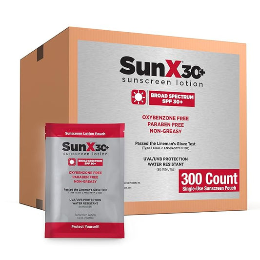 Sun X 30+ SPF Individual Sunscreen Packets Travel Size - Pack of 300 Paraben, Oxybenzone, & White Cast Free Broad Spectrum SPF Sunscreen Packets - Water & Sweat Resistant For Up To 80 Minutes