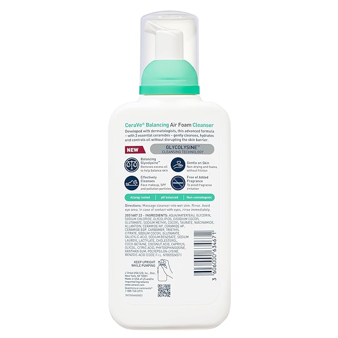 CeraVe Balancing Air Foam Face Wash, Foaming Facial Cleanser For Combination Skin, 8HR Oil Control + 24HR Hydration, Fragrance-Free & Non-Comedogenic, With Glycolysine™ & 3 Essential Ceramides, 8oz