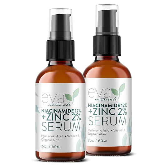 Eva Naturals Niacinamide 12% + Zinc Serum for Face – Dark Spot Remover, Pore Minimizer, Redness Relief, Hydrating Vitamin B3 with Botanical Hyaluronic Acid, Anti-Aging Serum for Clear Skin (2 Pack)