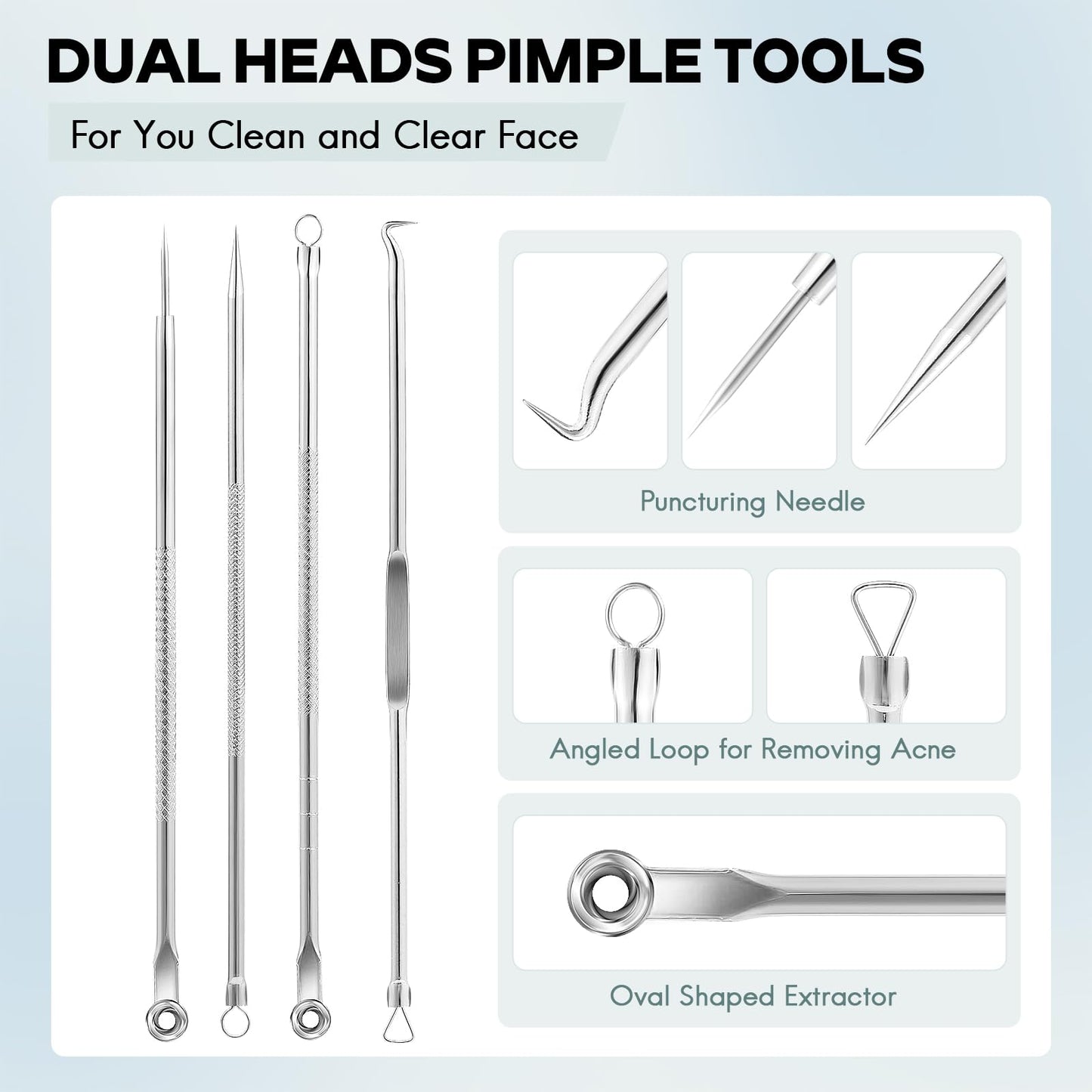 FEITA Blackhead Remover Pimple Popper Tool Kit, Comedone Pimple Extractor Acne Tools for Face Nose, Stainless Acne Needle Zit Popping Removal Facials Tool, Silver 4Pcs