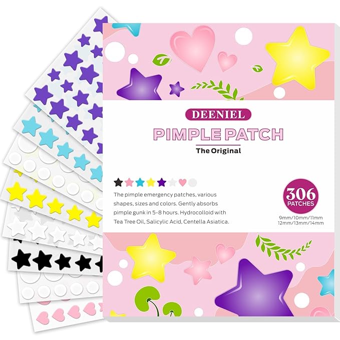 Acne Healing Patch - 306 Hydrocolloid Patches with Natural Ingredients, Fast-Acting Invisible Pimple Care, 3 Shapes & 6 Colors (Black)