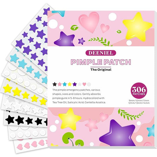 Acne Healing Patch - 306 Hydrocolloid Patches with Natural Ingredients, Fast-Acting Invisible Pimple Care, 3 Shapes & 6 Colors (Black)