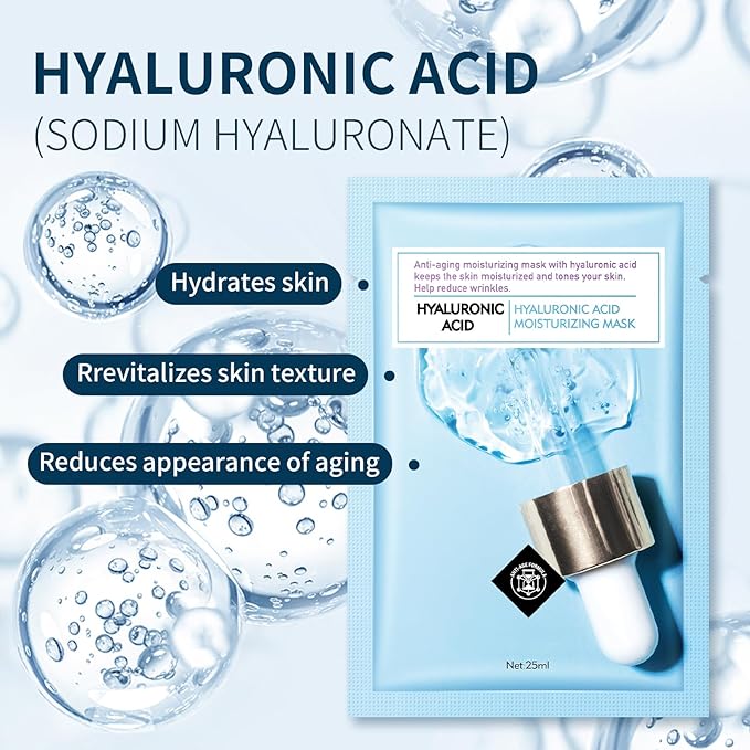 Face Mask Skin Care Hydrating Anti Aging Facial Mask Hyaluronic Acid Sheet Pack Deep Moisturizing Hydration Facemask Sheets for Women SkinCare Beauty Smoothing Rejuvenating Growing Gifts10 Sheets