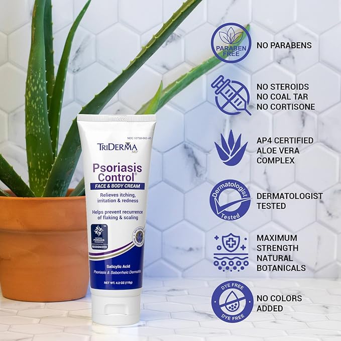 TriDerma Psoriasis Control Face & Body Cream - Maximum Strength 3% Salicylic Acid, AP4 Aloe Vera Gel, Urea Cream - Extra Moisturizing Treatment, No Cortisone or Coal Tar - FSA Eligible - 4.2 oz, 4Pack