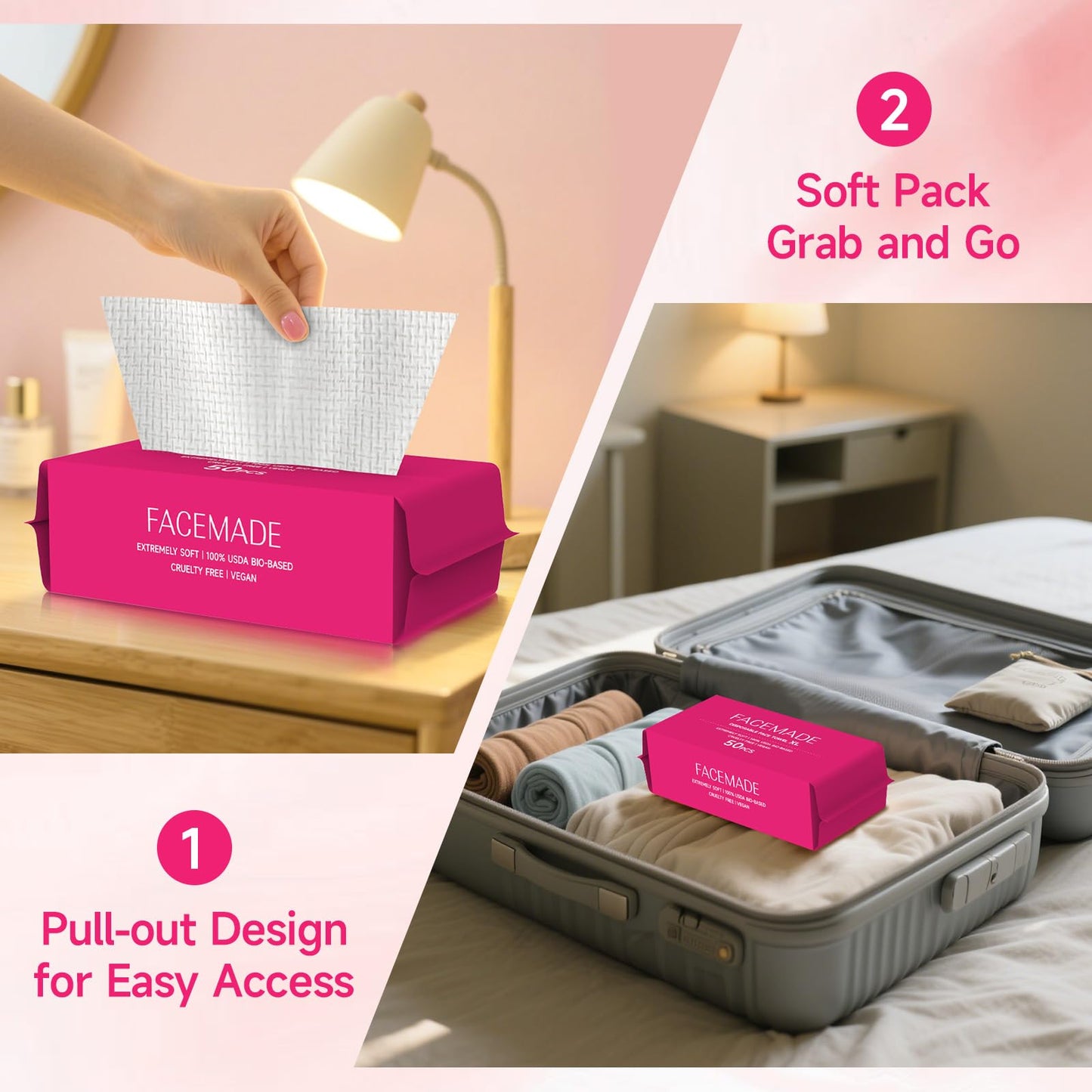 FACEMADE 50 Count (Soft Pack) XL Disposable Face Towels, Ultra Thick Face Towelettes Disposable, Clean Facial Towels for Makeup Remover, Skincare, USDA Certified 100% Biobased