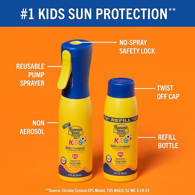 Banana Boat Kids 360 Coverage Sunscreen Mist SPF 50+ | Kids Sunscreen Applicator, Refillable Sunscreen Bottle, SPF 50 Sunscreen Spray Mist Bottle, Kids Spray Sunscreen, Non-Aerosol Sunscreen, 5.5oz