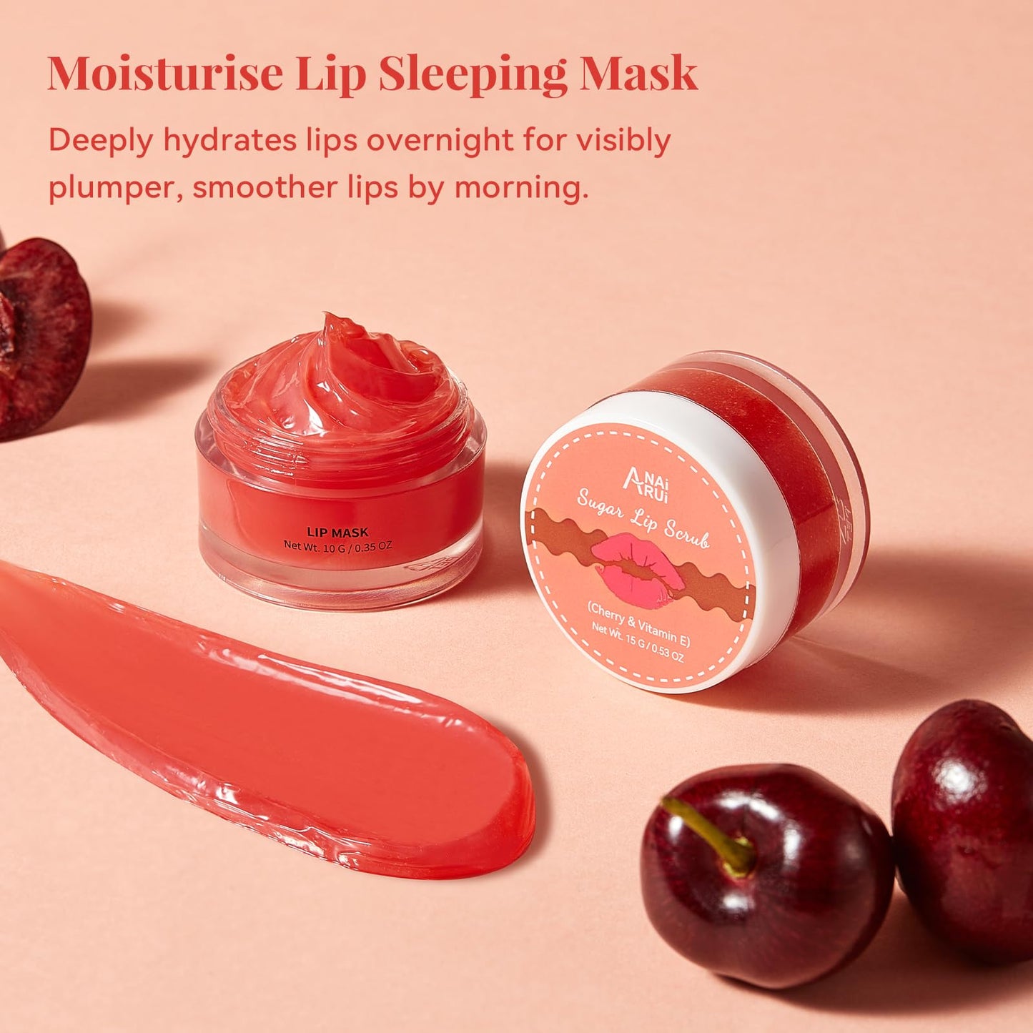 ANAI RUI Cherry Lip Scrub & Lip Mask Set with Vitamin E, Hyaluronic Acid & Shea Butter, Lip Scrubber Exfoliator, Hydrating Lip Mask Overnight, Sugar Scrub for Dry Chapped Lips, Lip Gift Set for Women