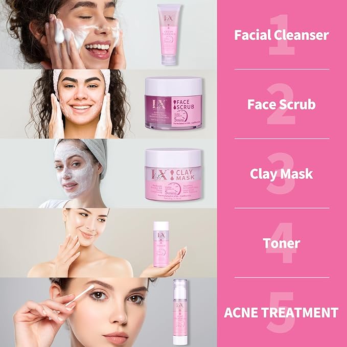 5 Step Skincare Kit with Cleanser, Face Scrub, Clay Mask,Toner & Acne Serum for Teens and Adults
