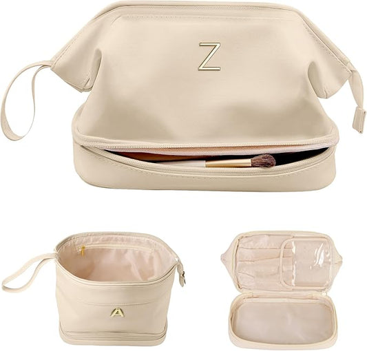 Birthday Gifts for 14 15 16 17 18 19 Year Old Girls, Initial Large Makeup Bags, Personalized Double Layer Cosmetic Bag with Makeup Brush Organizer,Gifts for Women Girlfriend Friends Female
