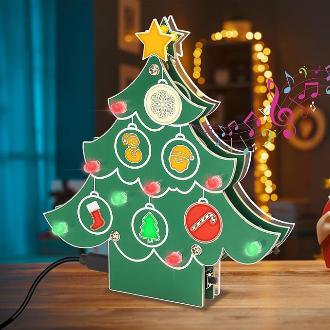 ICSTATION Christmas Tree Soldering Kit, Musical Christmas Tree Soldering Project With 3 Light Modes Colorful Christmas Elements Xmas Tree DIY Electronic Kit for Learning Education Desktop Decoration