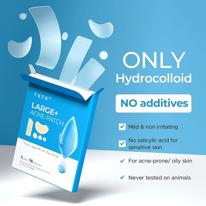 TKTK Large Pimple Patches for Face, XL Acne Patches 60 x 20 mm, Big Hydrocolloid Bandages for Body, Forehead, Chin, Neck Zit Breakouts, Hydrocolloid Patch (Strip, Contoured, Dot 5 Sizes 96 Count)