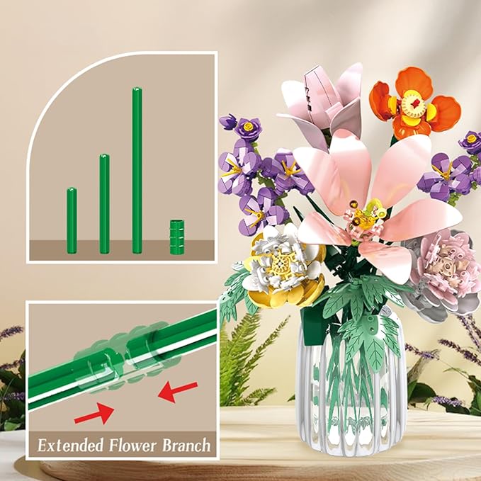 Flower Lily Building Blocks Bouquet Set, DIY Floral Arrangement Kit, Artificial Flowers Creative Decor for Home, Ideal Gift for Adults & Kids 563pcs (No Vase)